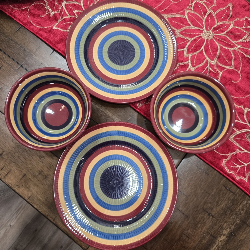 Longaberger Pottery Multi Colored Stripes Bowls And Lunch Plates